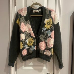 Vintage Gray Pink Floral Grandma cardigan sweater 90s Medium